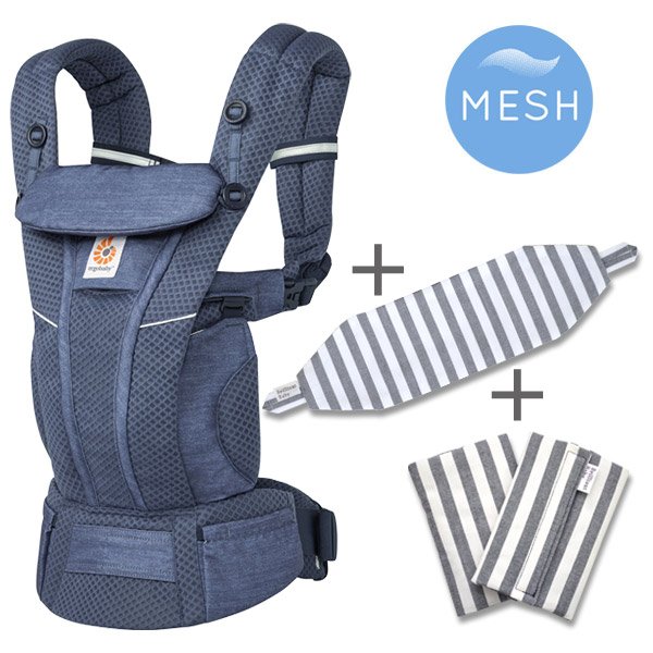 画像1: ErgoBabyCarrier オムニ ブリーズ ヘザードデニムブルー 専用カバー付き3点セット（本体SG＋専用カバー＋よだれパッド／ブラックストライプ） (1)